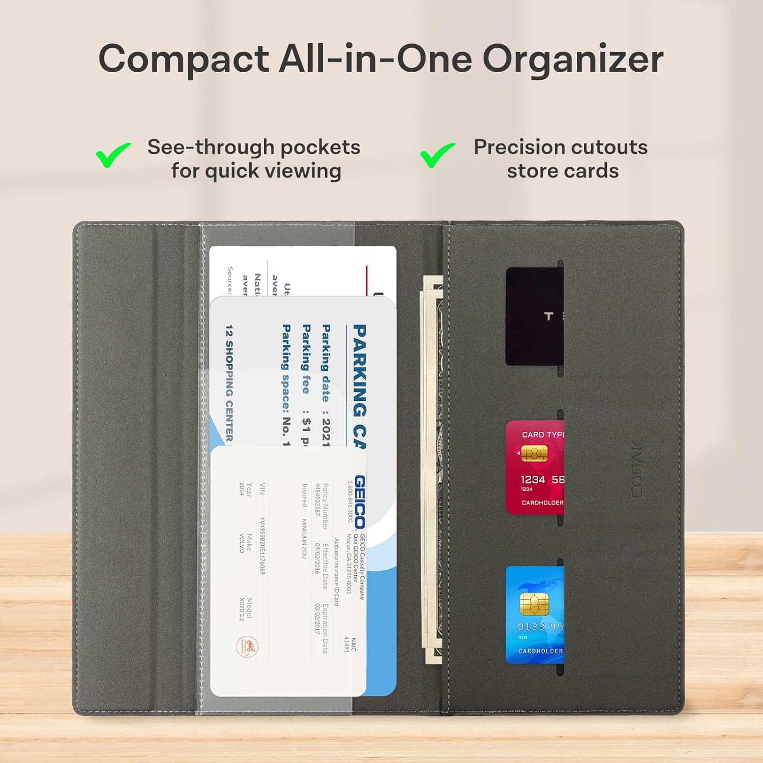 CoBak Leather Car Registration and Insurance Holder with Magnetic Compartment - Vehicle Glove Box Organizer for Driver License, Cards, Emergency Cash - Auto Truck Accessories Case, Lychee Brown - Image 3